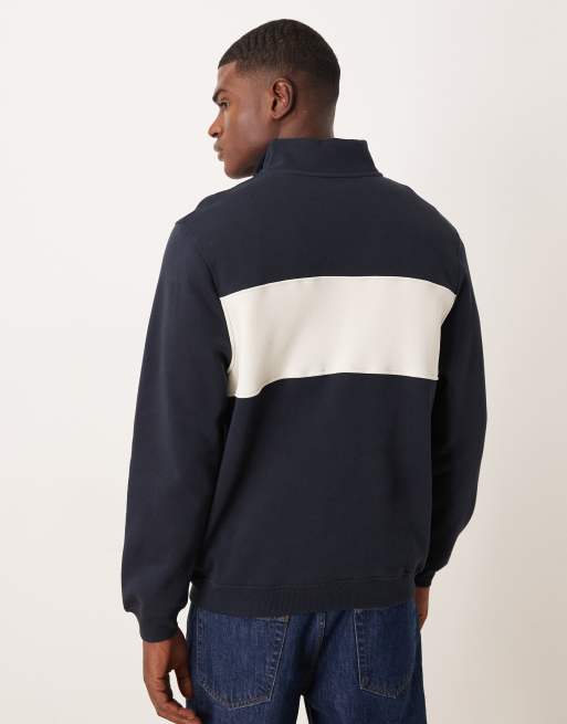 ASOS DESIGN - Marineblå sweatshirt med kvart lynlås og farveblok med print, 3 af 5