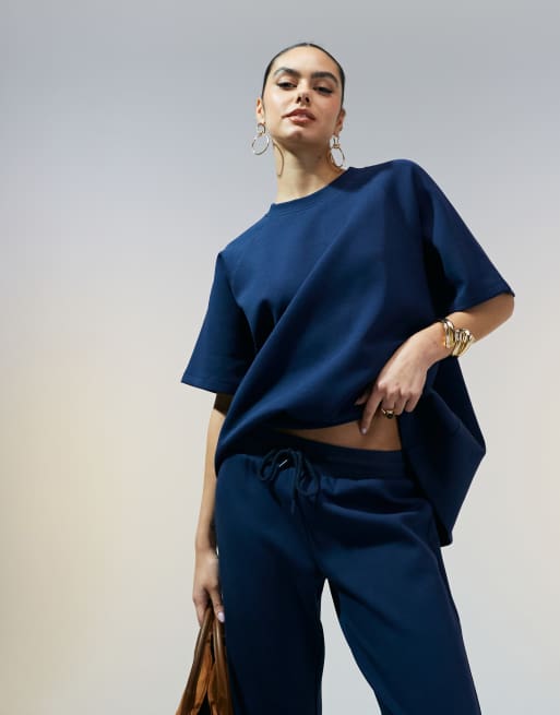 ASOS DESIGN - Marineblå T-shirt med raglanærmer i interlock-stof - Del af sæt