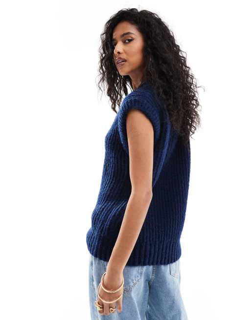 ASOS DESIGN - Marineblå tanktop i plysset garn med V-hals, 4 af 4