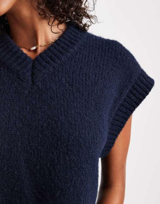 ASOS DESIGN - Marineblå tanktop med V-hals i vamset materiale med firkantet pasform, 2 af 4