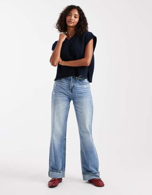 ASOS DESIGN - Marineblå tanktop med V-hals i vamset materiale med firkantet pasform, 3 af 4