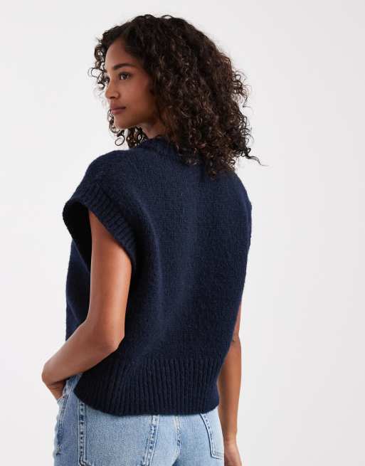 ASOS DESIGN - Marineblå tanktop med V-hals i vamset materiale med firkantet pasform, 4 af 4