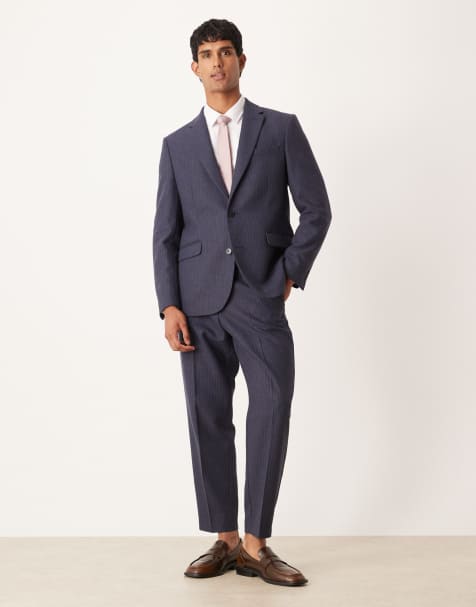 ASOS DESIGN - Marineblå tapered habitbukser med nålestriber i uldblanding - view 1