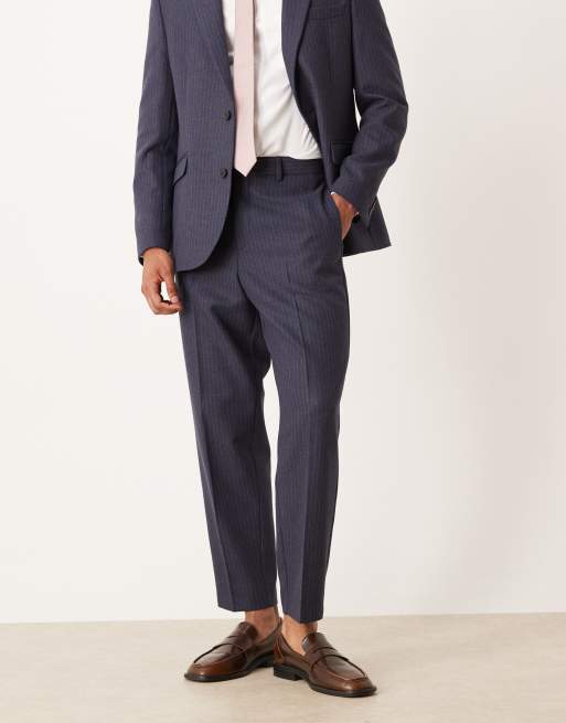 ASOS DESIGN - Marineblå tapered habitbukser med nålestriber i uldblanding, 2 af 5