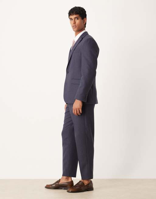 ASOS DESIGN - Marineblå tapered habitbukser med nålestriber i uldblanding, 3 af 5