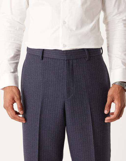 ASOS DESIGN - Marineblå tapered habitbukser med nålestriber i uldblanding, 4 af 5
