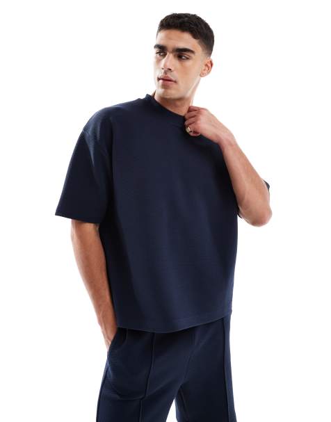 ASOS DESIGN - Marineblå tekstureret oversized firkantet T-shirt - Del af sæt - view 1