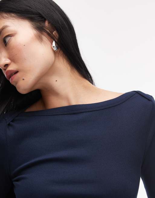 ASOS DESIGN - Marineblå top med bådudskæring, lange ærmer og kantdetaljer, 3 af 4