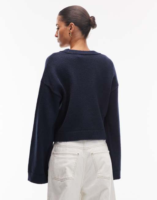 ASOS DESIGN - Marineblå trøje i vamset strik med vide ærmer, 3 af 4