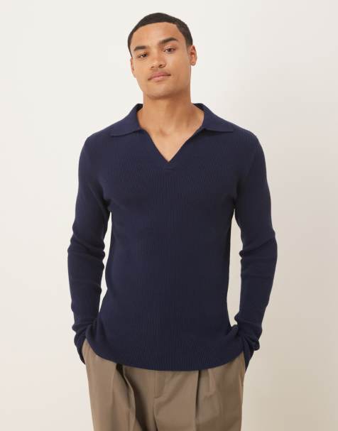 ASOS DESIGN - Marineblå tætsiddende polo med lange ærmer og hakudskæring i halsen i kompakt strik - view 1