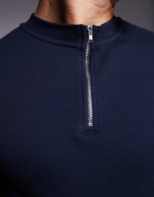 ASOS DESIGN - Marineblå tætsiddende T-shirt med lange ærmer og halv lynlås, 4 af 4
