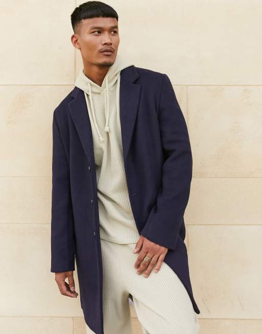 ASOS DESIGN - Marineblå, uforet overfrakke i uldblanding