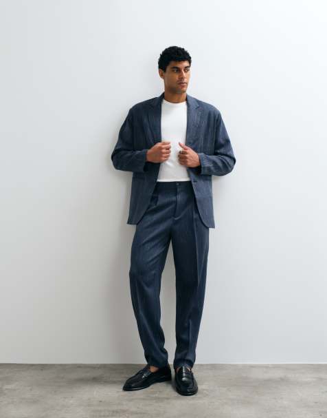 ASOS DESIGN - Marineblåt oversized tapered jakkesæt med nålestriber i denimlook - view 1