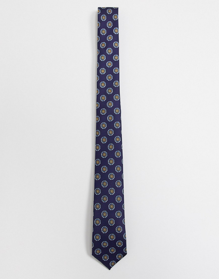 ASOS DESIGN - Marineblåt smalt slips med geometrisk print