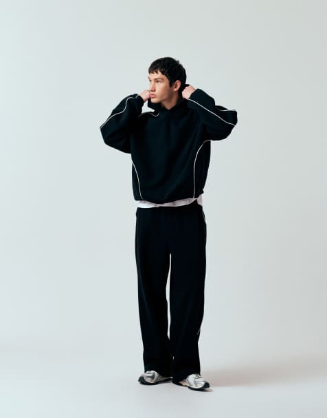 ASOS DESIGN - Marineblåt sæt med ekstremt oversized hættetrøje i firkantet pasform og superposede joggingbukser med kantdetaljer - view 1