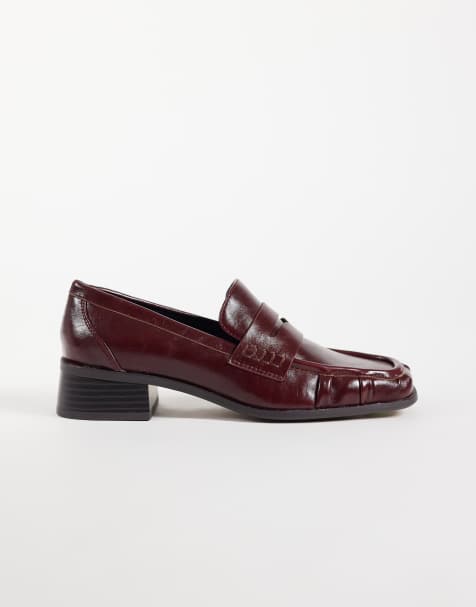ASOS DESIGN Marisol ruched round toe heeled loafers in burgundy - view 1