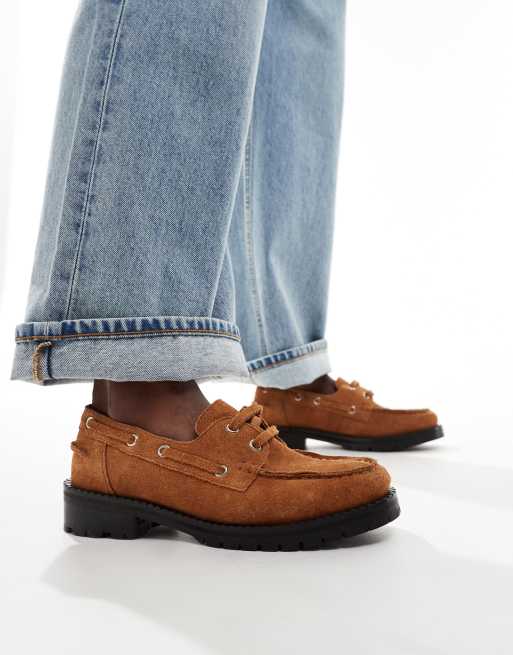 ASOS DESIGN boat shoes in brown leather with rubber soles