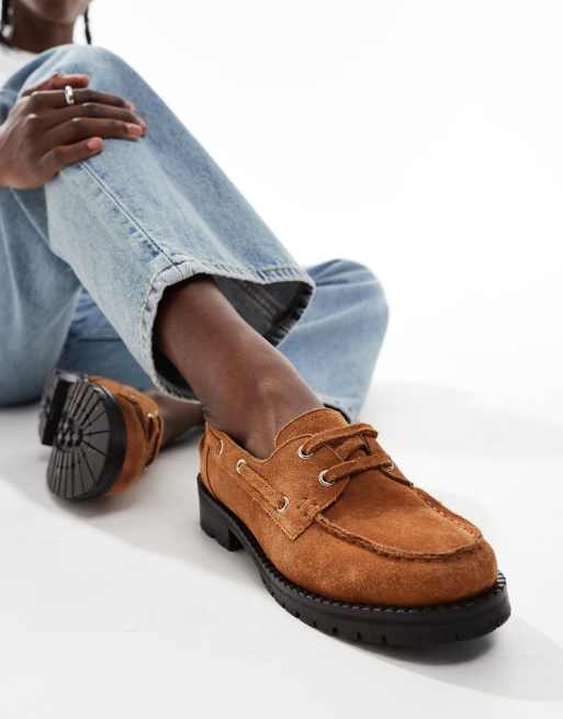 ASOS DESIGN boat shoes in brown leather with rubber soles