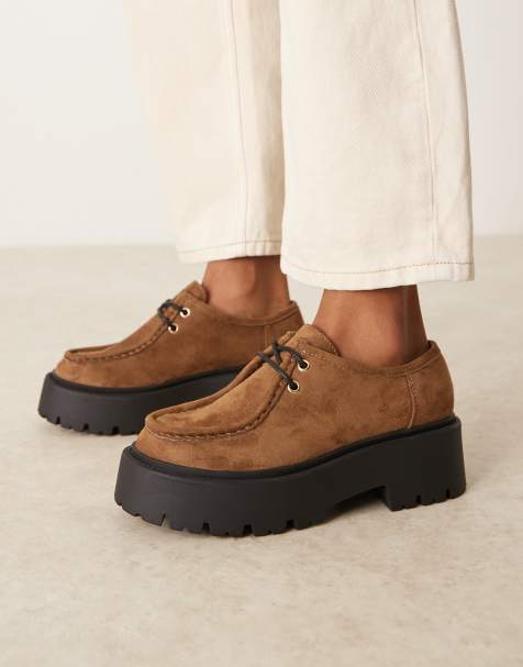 ASOS DESIGN Marley lace up flat shoes in taupe suedette - view 1