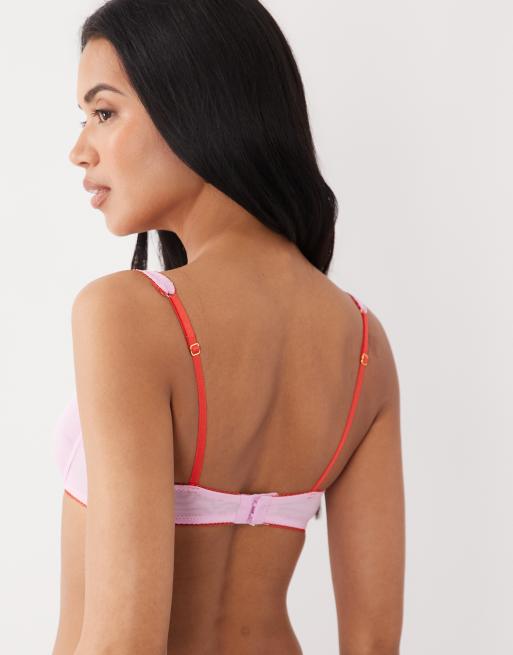 ASOS DESIGN Marley sheer mesh high apex balcony underwire bra with picot trim in pink & red, 2 of 4