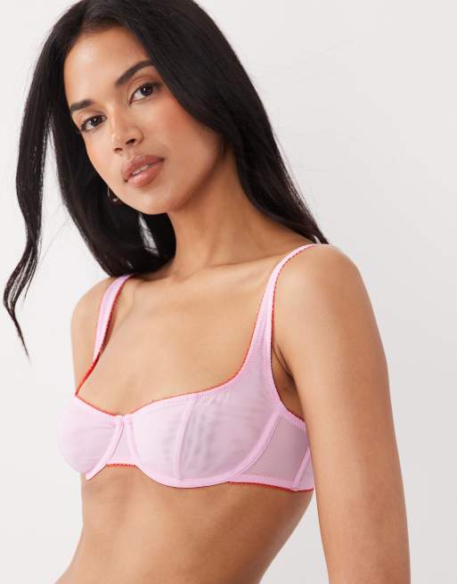 ASOS DESIGN Marley sheer mesh high apex balcony underwire bra with picot trim in pink & red, 4 of 4