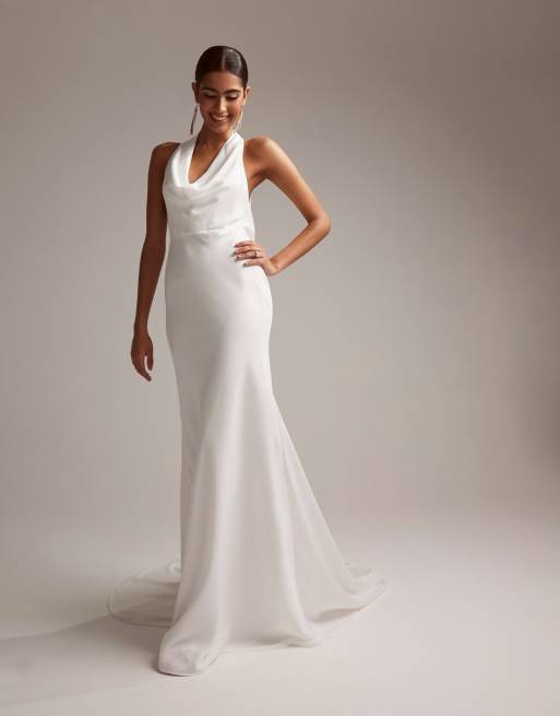 Satin halter outlet neck wedding dress