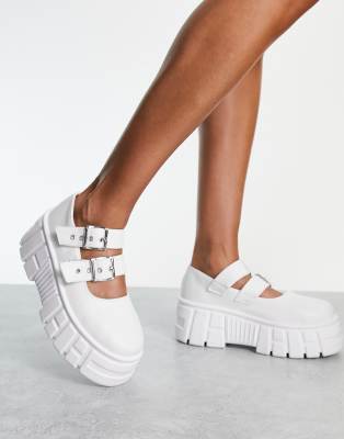 Asos Design Marnie Chunky Mary Jane Flat Shoes In White Drench In White