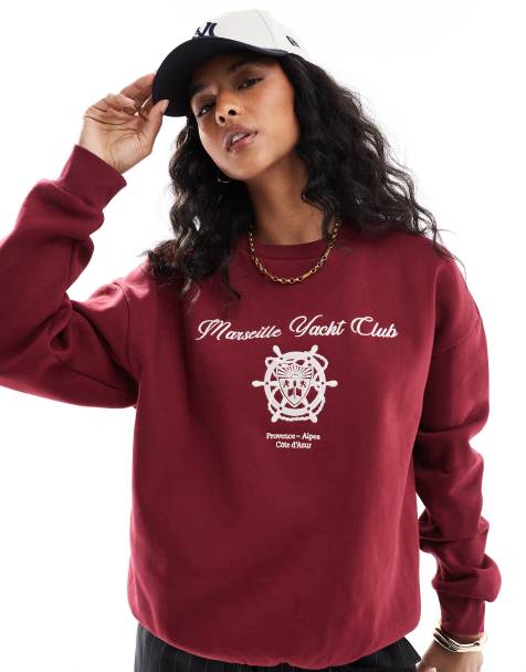ASOS DESIGN Marseille Yacht Club graphic sweat in burgundy - view 1