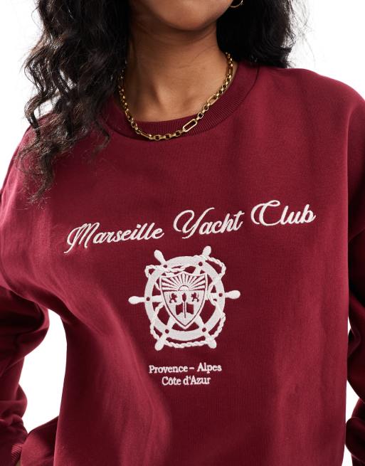 ASOS DESIGN Marseille Yacht Club graphic sweat in burgundy, 3 of 4
