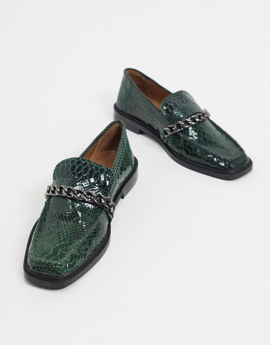 ASOS DESIGN Marsh leather chain loafers in green snake