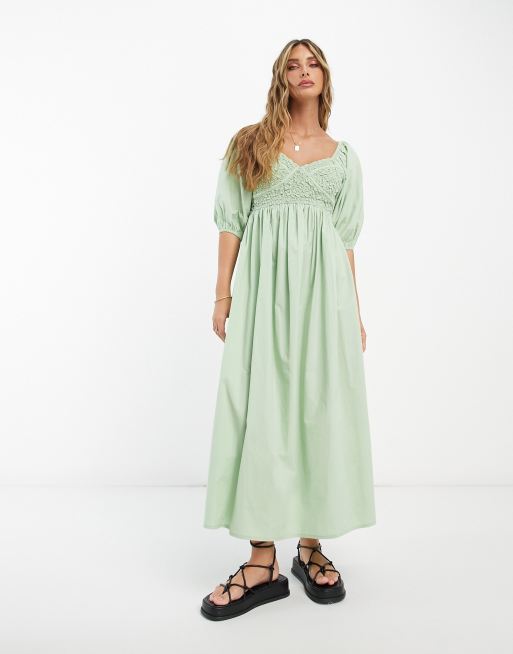 ASOS DESIGN – Marszczona bawełniana sukienka midi w kolorze szałwiowozielonym z gorsetowym dekoltem