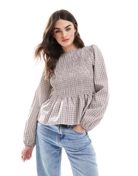 ASOS DESIGN shirred peplum detail blouse in check