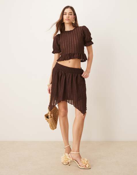 ASOS DESIGN co-ord textured ruffle hanky hem mini skirt in brown