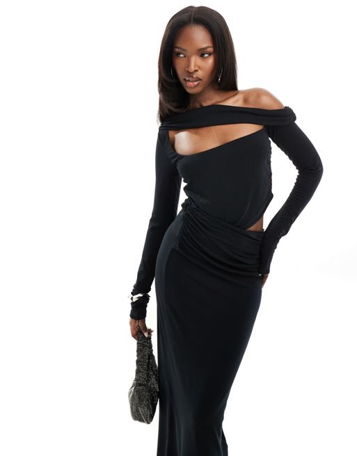 FhyzicsShops DESIGN – Marszczona czarna sukienka midi z asymetrycznymi wycięciami i długim rękawem