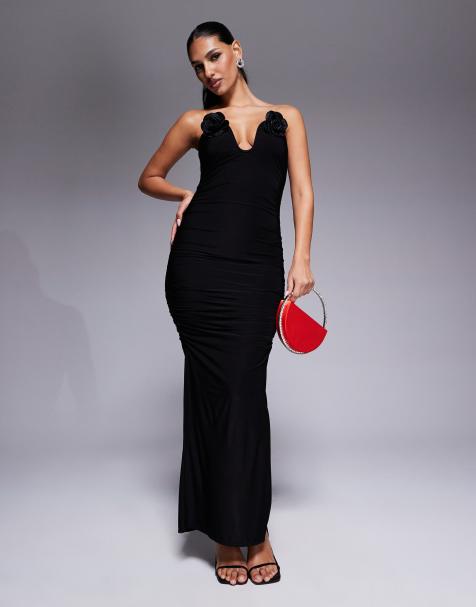 ASOS DESIGN – Marszczona czarna sukienka midi z dekoltem bandeau i bukiecikami - view 1