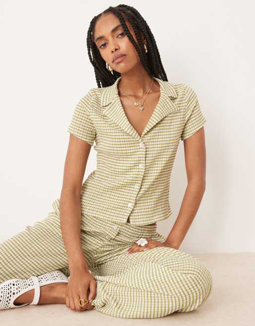 ASOS DESIGN – Marszczona koszula z kołnierzykiem kubańskim w zieloną kratkę vichy, część zestawu