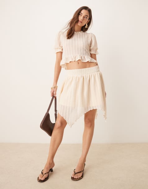 ASOS DESIGN co-ord textured ruffle hanky hem mini skirt in cream