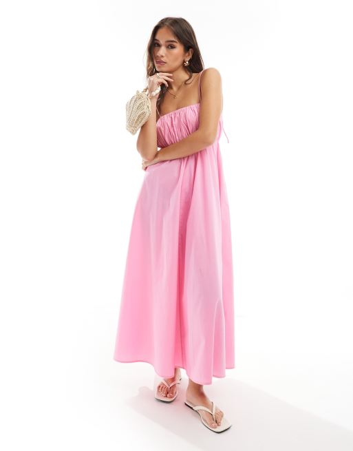 ASOS DESIGN – Marszczona na dekolcie letnia pasteloworóżowa sukienka maxi z regulowanymi ramiączkami