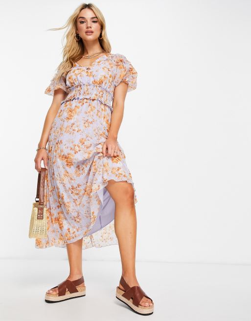 ASOS DESIGN – Marszczona, plisowana sukienka midi z bufkami w kwiatowy wzór