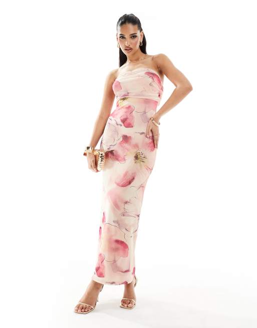 ASOS DESIGN – Marszczona siateczkowa sukienka midi z dekoltem bandeau w pastelowy kwiatowy wzór