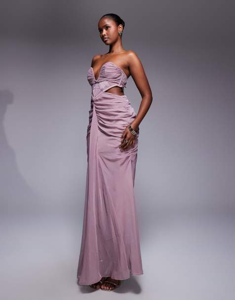 ASOS DESIGN corset detail plunge ruched maxi dress with cut out in mauve