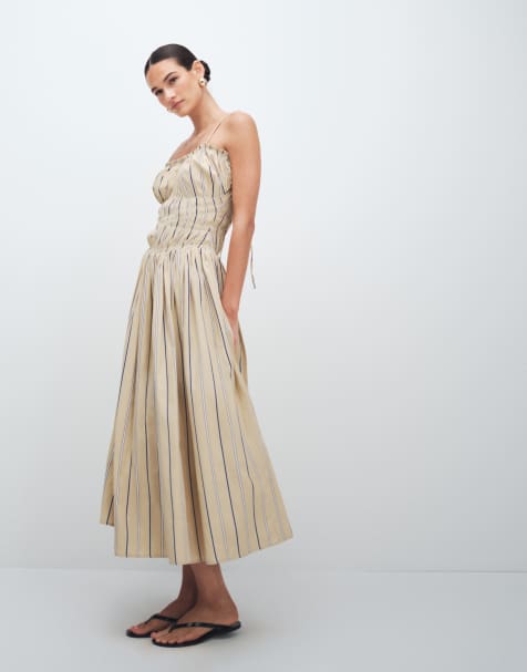 ASOS DESIGN – Marszczona sukienka letnia maxi z obniżoną talią z bawełnianej popeliny w paski - view 1