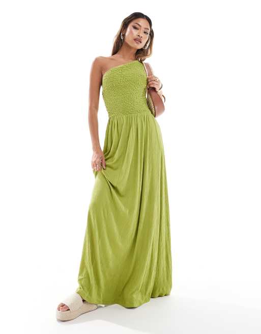 ASOS DESIGN – Marszczona sukienka maxi na jedno ramię w żółtozielonym kolorze