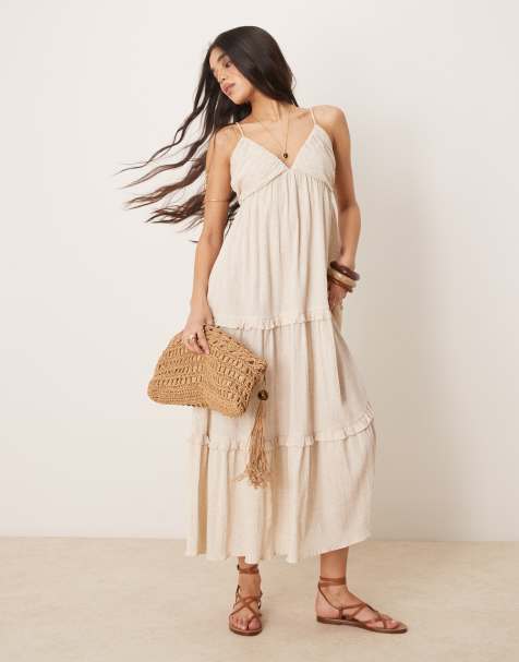 ASOS DESIGN – Marszczona sukienka maxi na ramiączkach w kolorze owsianym - view 1