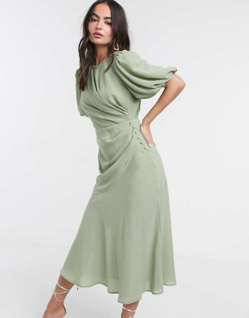 ASOS DESIGN – Marszczona sukienka maxi w drobną kratkę w kolorze szałwii z bufiastymi rękawami