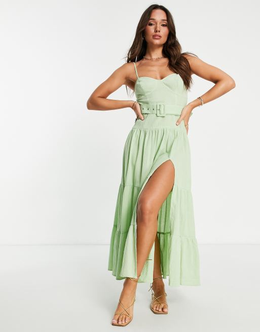 ASOS DESIGN – Marszczona sukienka maxi z paskiem w kolorze zielonego jabłuszka