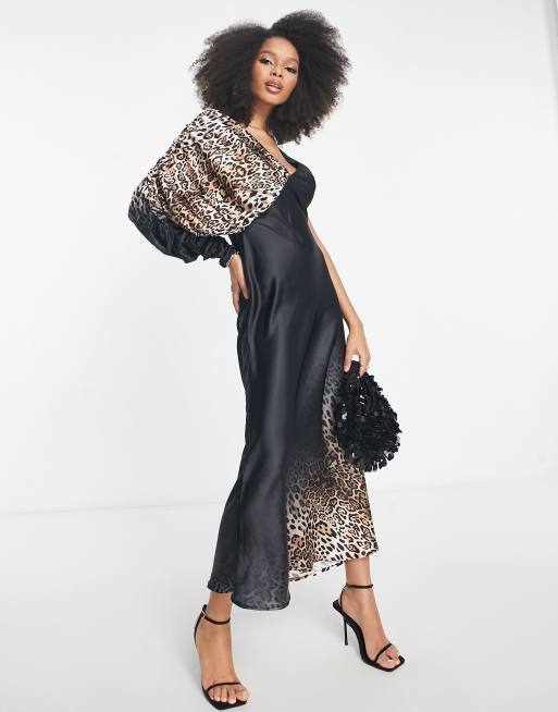 ASOS DESIGN – Marszczona sukienka midi na jedno ramię w zwierzęcy wzór z efektem ombre