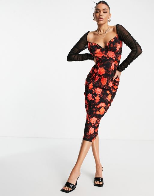 ASOS DESIGN – Marszczona sukienka midi w kwiaty z siateczki z długim rękawem i głębokim dekoltem
