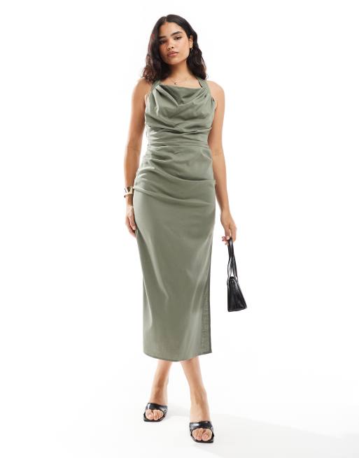 ASOS DESIGN – Marszczona sukienka midi z dekoltem halter w kolorze khaki