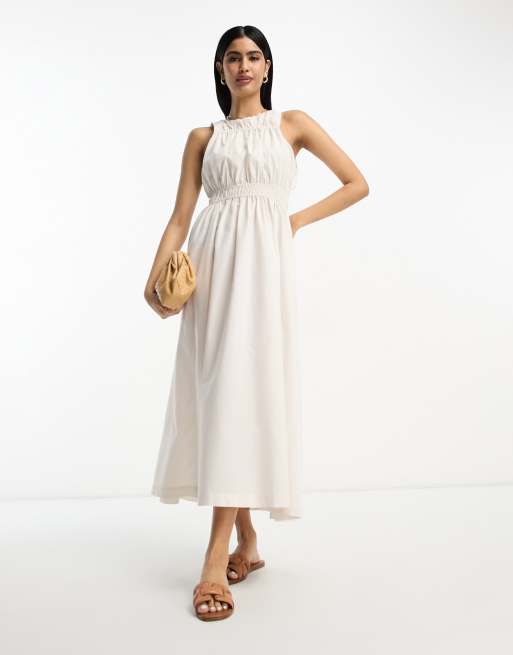 ASOS DESIGN – Marszczona w talii sukienka maxi z bawełny w kolorze ecru z zabudowanym dekoltem 